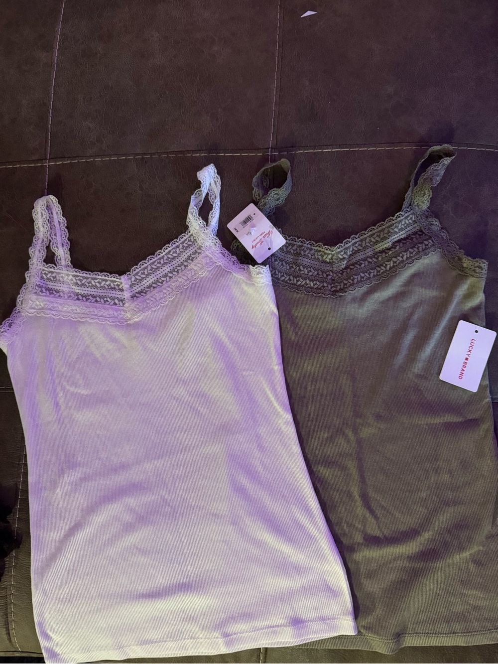 Lucky Brand Lace Trim Ribbed Camisoles - White & Olive